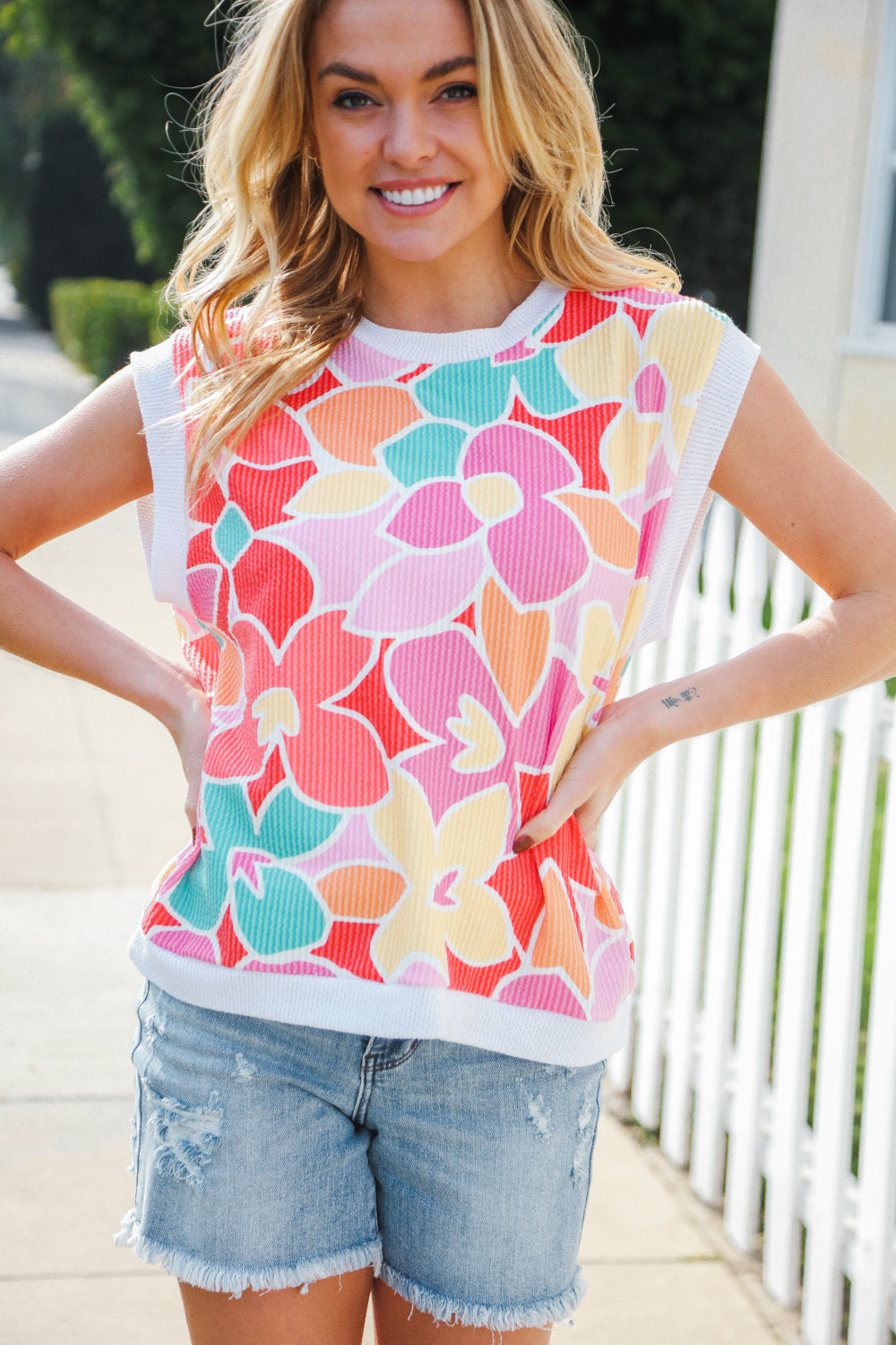 Beautiful You Coral Multicolor Floral Rib Dolman Sleeve Top