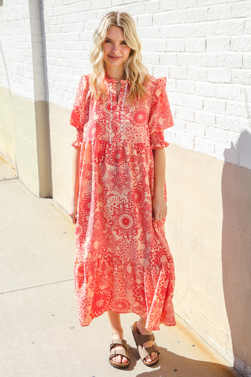 Can't Look Away Coral Notch Neck Scallop Trim Smock Sleeve Midi Dress