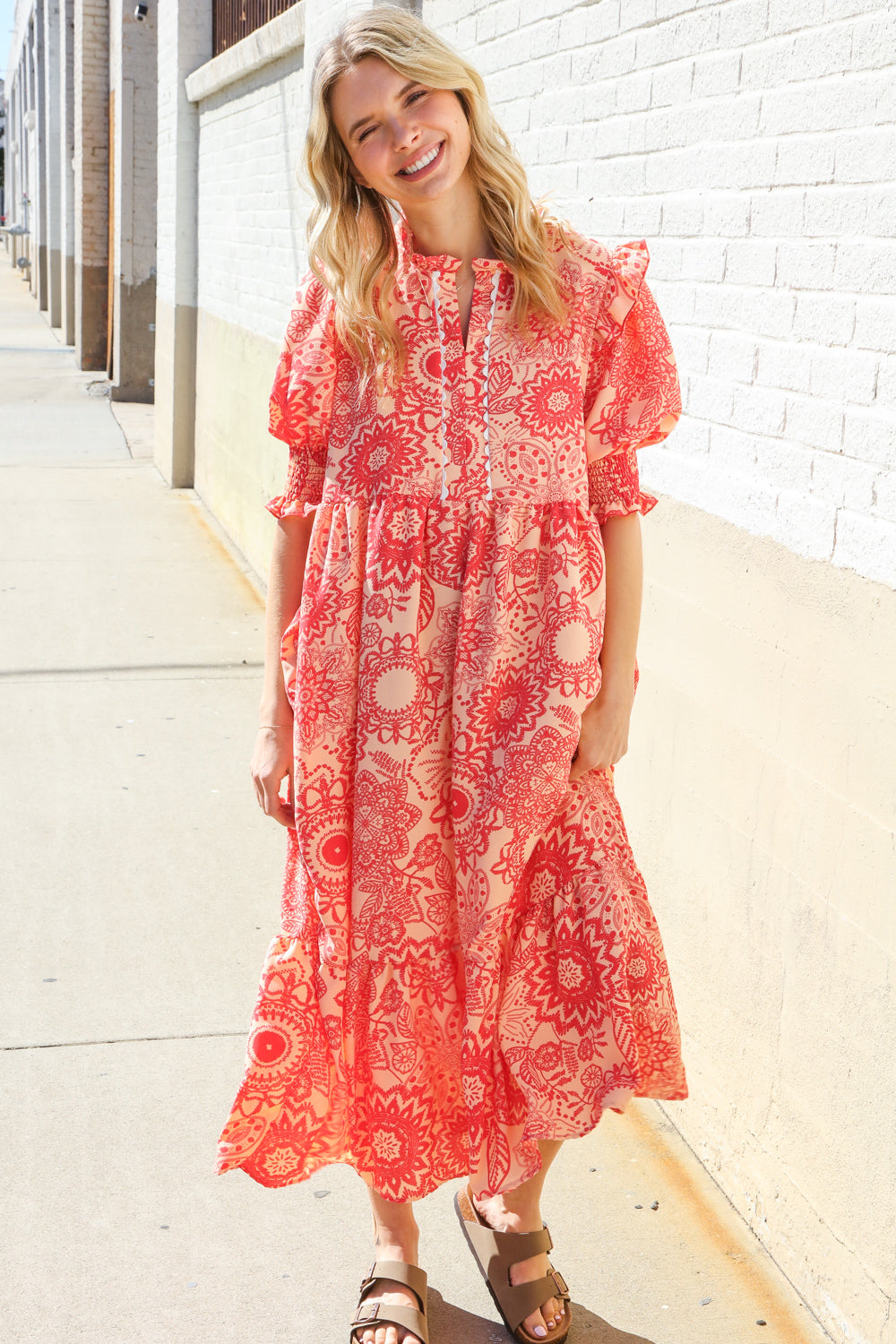 Can't Look Away Coral Notch Neck Scallop Trim Smock Sleeve Midi Dress