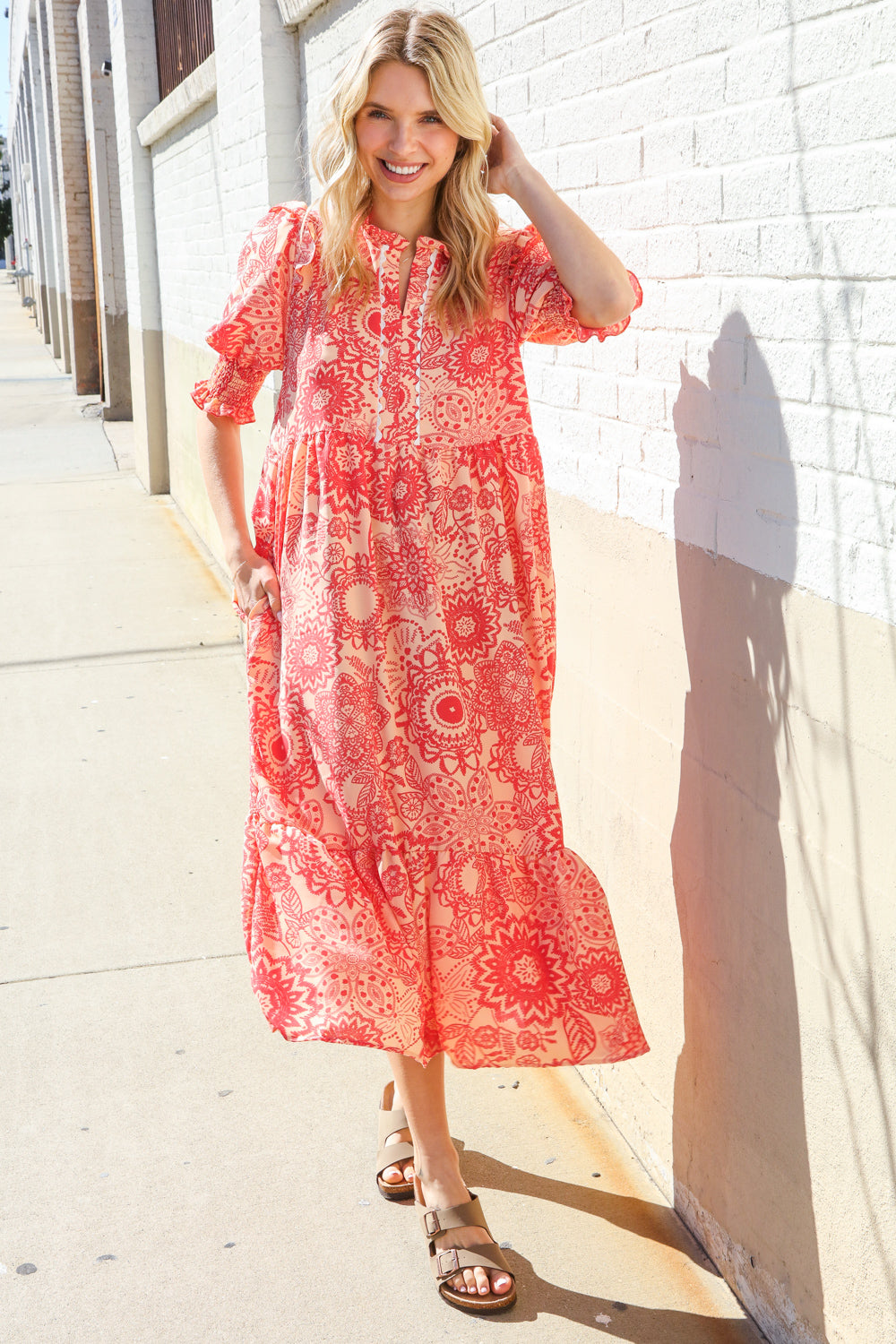 Can't Look Away Coral Notch Neck Scallop Trim Smock Sleeve Midi Dress