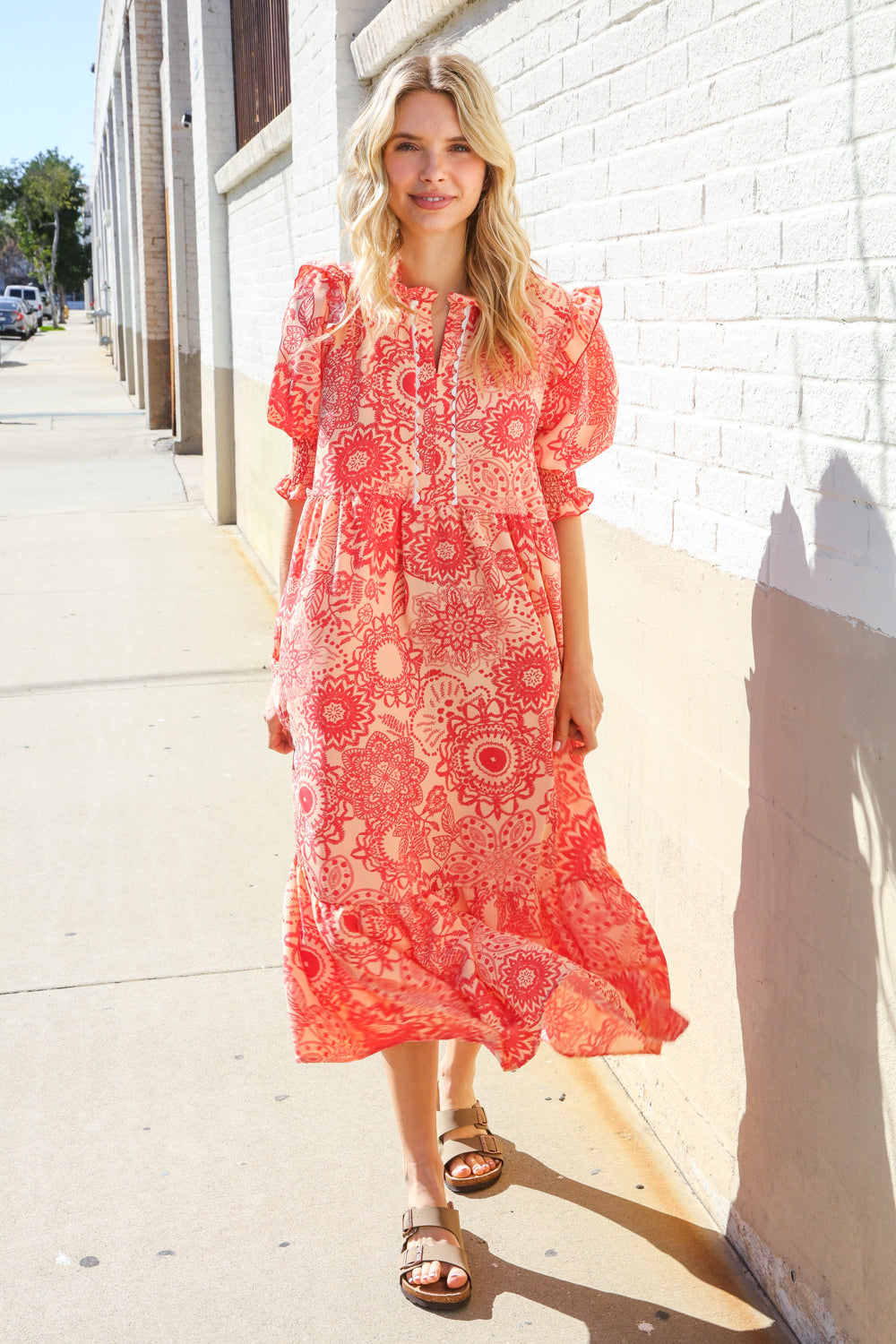 Can't Look Away Coral Notch Neck Scallop Trim Smock Sleeve Midi Dress