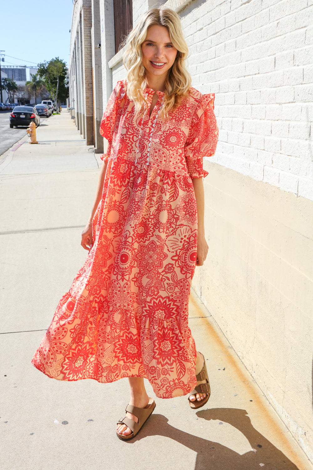 Can't Look Away Coral Notch Neck Scallop Trim Smock Sleeve Midi Dress