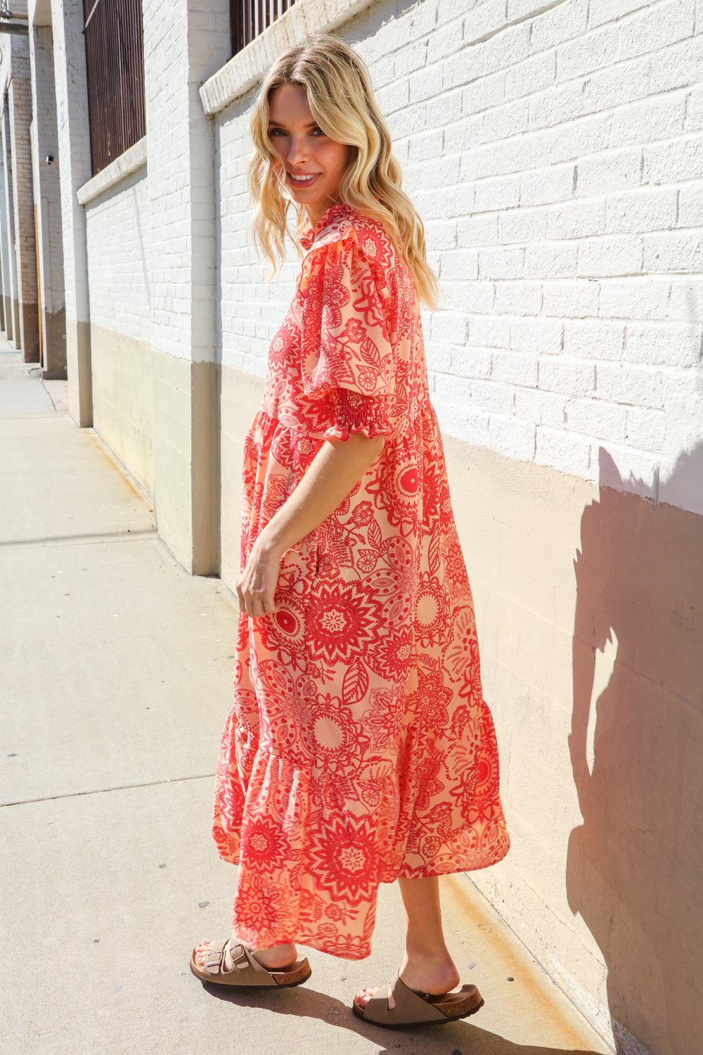 Can't Look Away Coral Notch Neck Scallop Trim Smock Sleeve Midi Dress