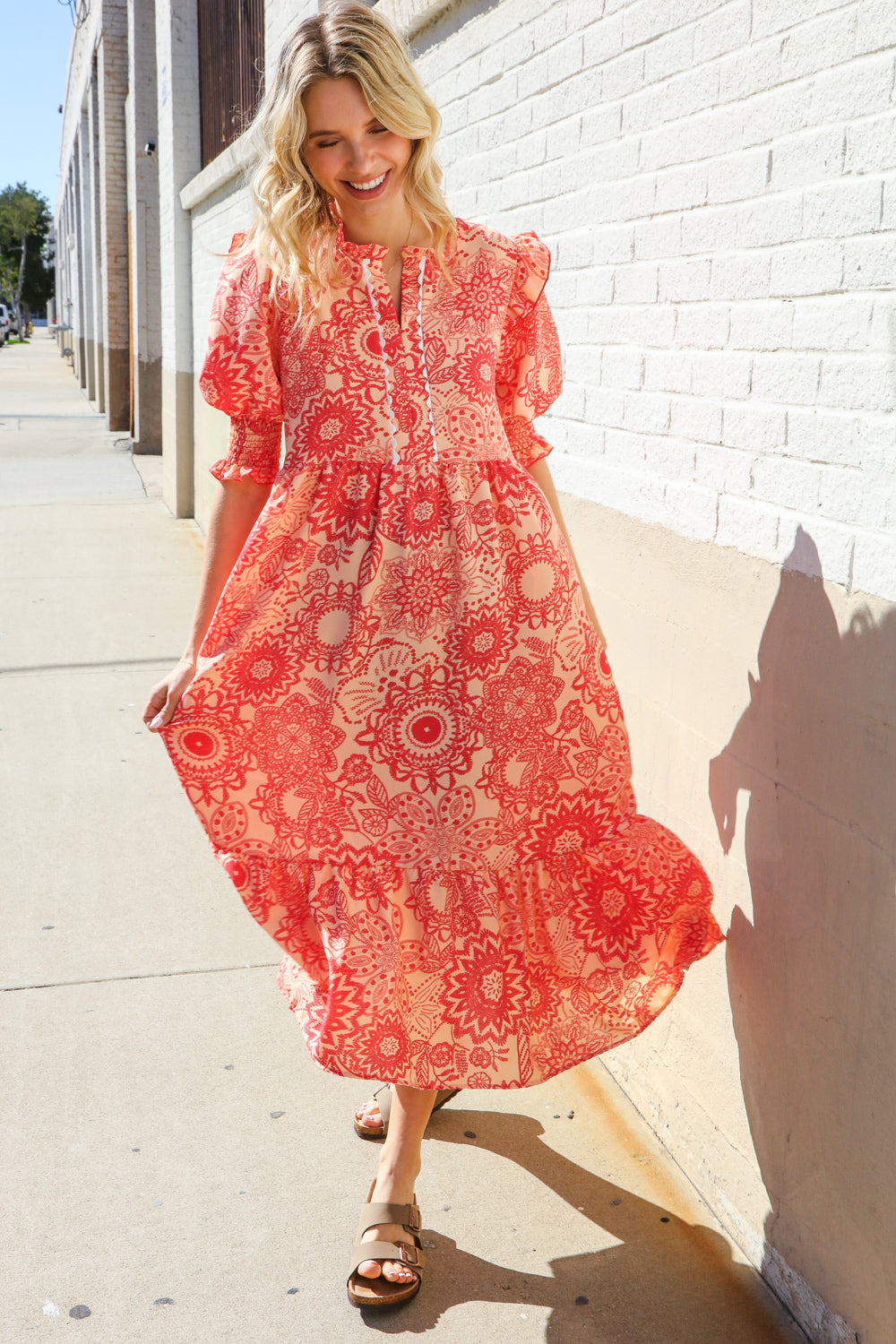 Can't Look Away Coral Notch Neck Scallop Trim Smock Sleeve Midi Dress