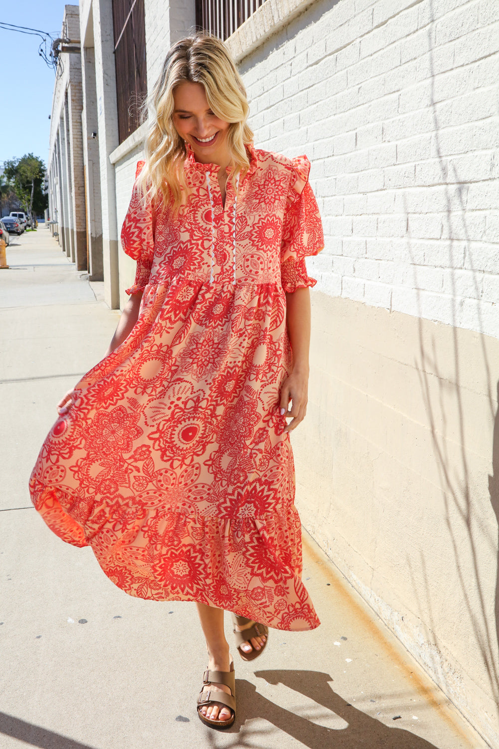 Can't Look Away Coral Notch Neck Scallop Trim Smock Sleeve Midi Dress