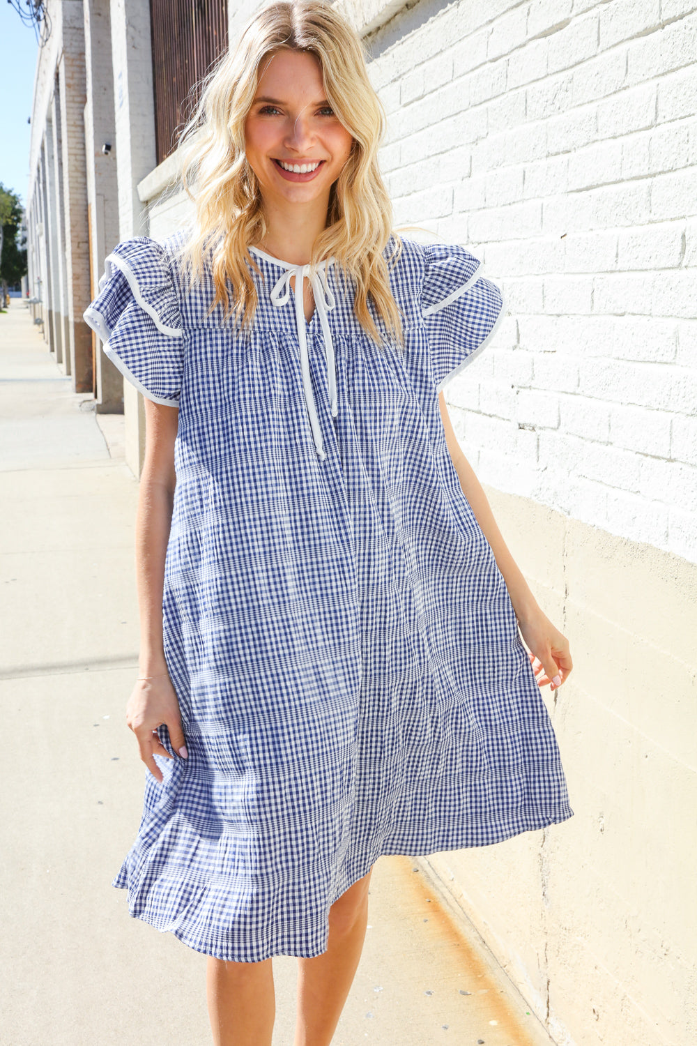Beautiful You Blue Checker Gingham Tie Front Double Ruffle Sleeve Midi Dress