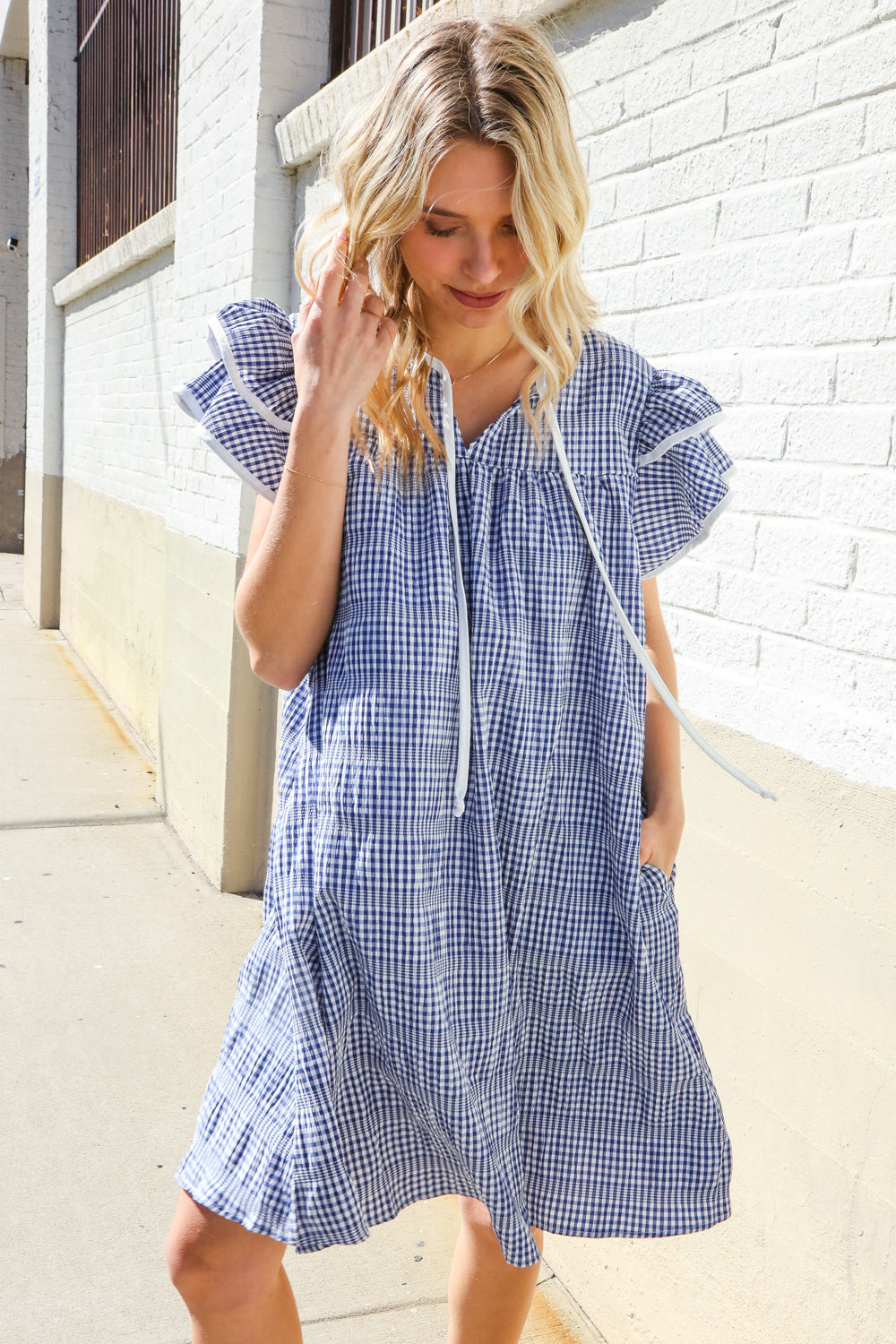Beautiful You Blue Checker Gingham Tie Front Double Ruffle Sleeve Midi Dress